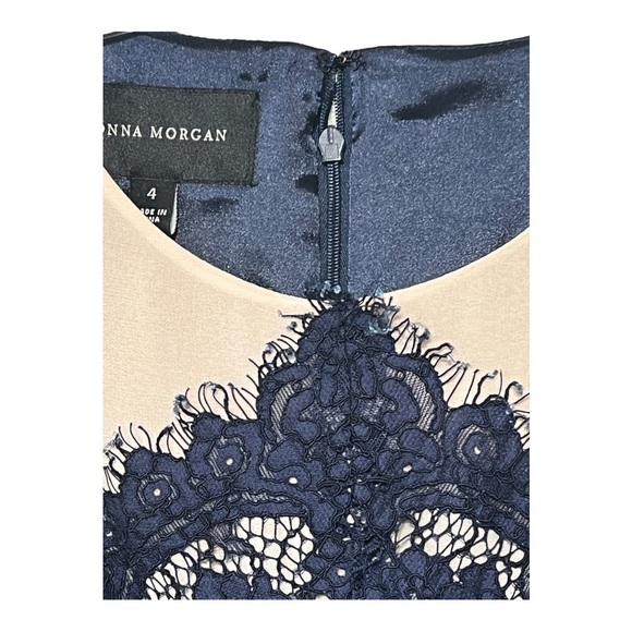 Donna Morgan Floral Lace Sheath Dress Navy Tan Color Block Midi Wedding Guest - Picture 10 of 10